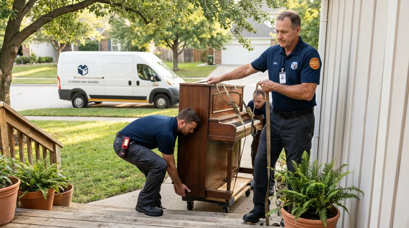 Licensed piano movers securing grand piano in Manitowoc, WI