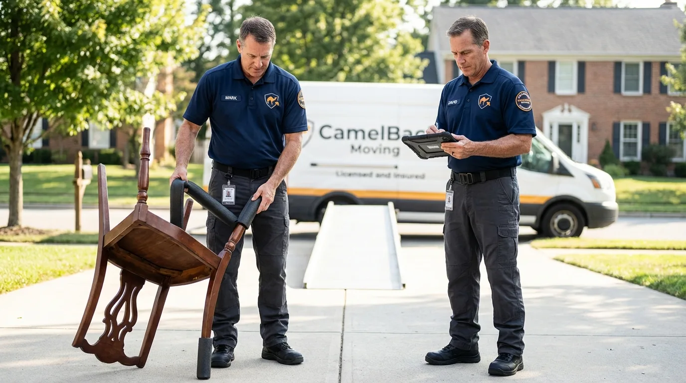 Movers inspecting furniture for damage prevention before loading in Manitowoc, WI